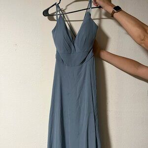 Grey/Blue Bridesmade Dress - Criss-Cross Back with Pockets and Left Slit